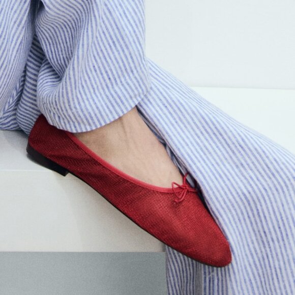 MANGO - Red Metallic Mesh ballerina flats with bow - Picture 1 of 4